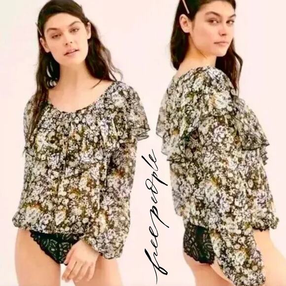 FREE PEOPLE Black White Gold Floral Long Sleeve Bodysuit Blouse Top – Small - Picture 1 of 11